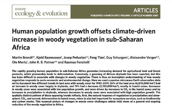 Human population growth offsets climate-driven increase in woody vegetation in sub-Saharan Africa