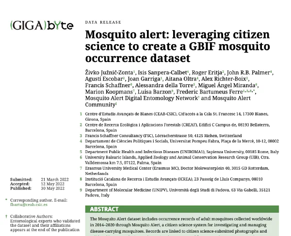 Mosquito Alert: leveraging citizen science to create a GBIF mosquito occurrence dataset